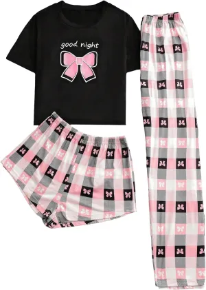 WDIRARA Women's 3 Piece Pajama Set Plaid Bow Print Sleepwear Short Sleeve T Shirt and Shorts Pants Lounge Set