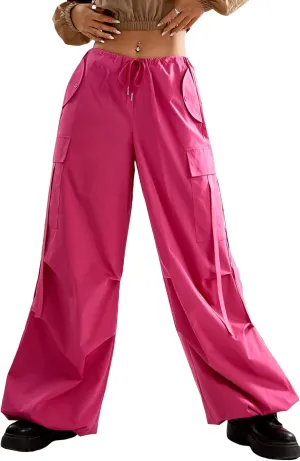 WDIRARA Women's Drawstring Low Waist Pocket Side Streetwear Baggy Cargo Pants
