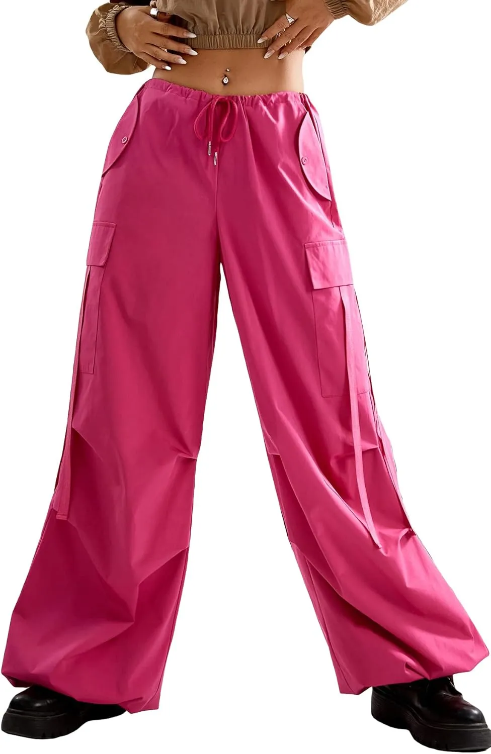 WDIRARA Women's Drawstring Low Waist Pocket Side Streetwear Baggy Cargo Pants