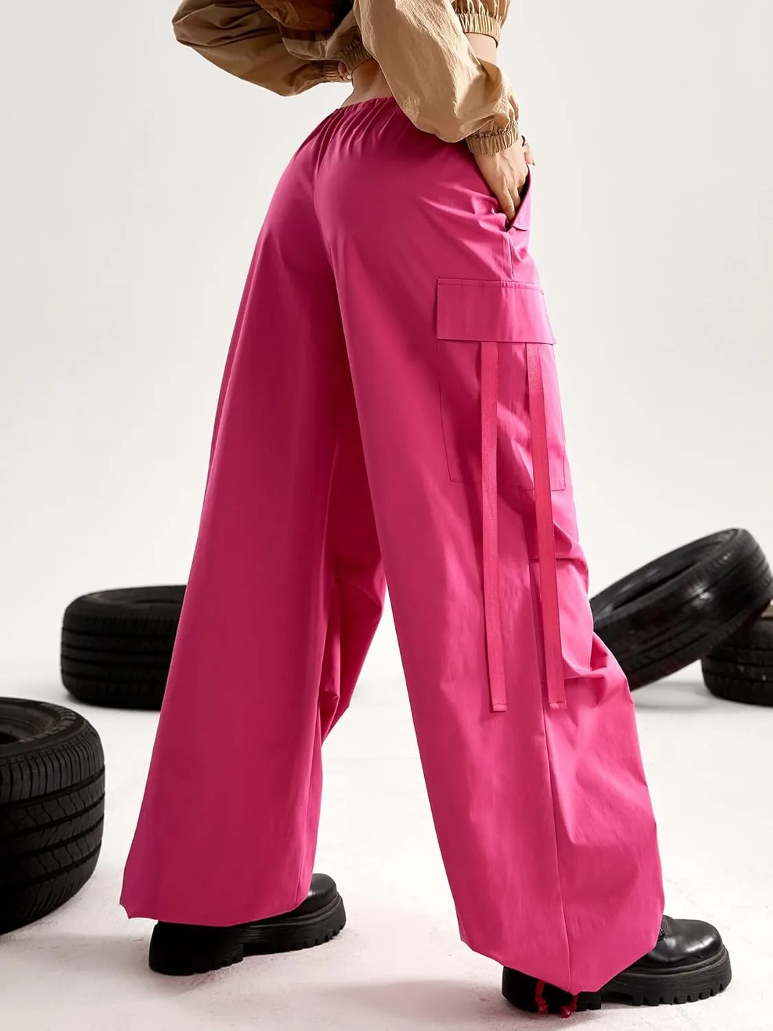 WDIRARA Women's Drawstring Low Waist Pocket Side Streetwear Baggy Cargo Pants