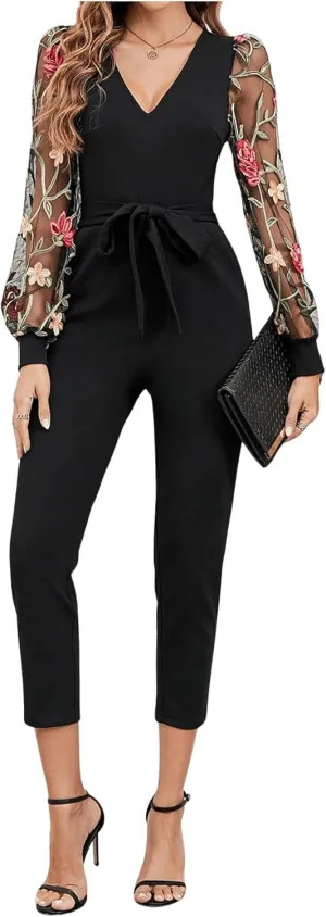 WDIRARA Women's Floral Embroidery Jumpsuit Mesh V Neck Bishop Sleeve High Waist Crop Belted Romper Pants