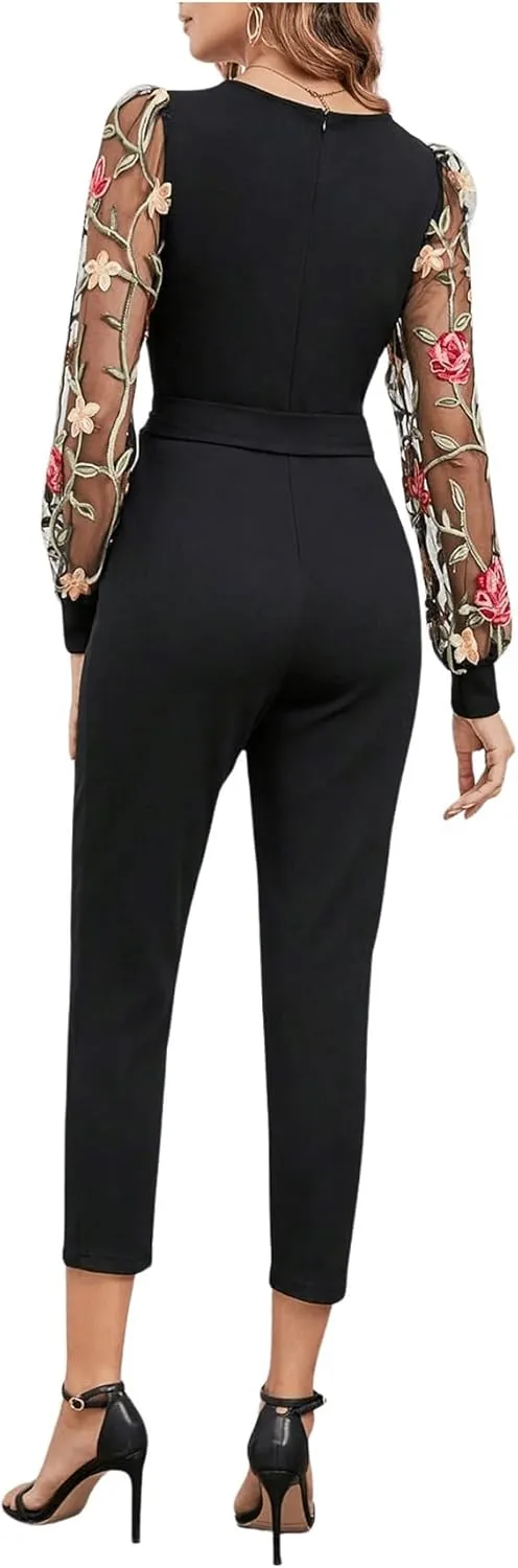WDIRARA Women's Floral Embroidery Jumpsuit Mesh V Neck Bishop Sleeve High Waist Crop Belted Romper Pants
