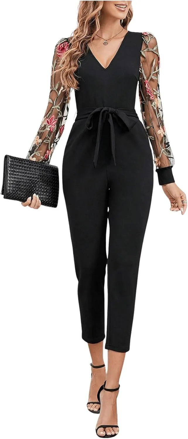 WDIRARA Women's Floral Embroidery Jumpsuit Mesh V Neck Bishop Sleeve High Waist Crop Belted Romper Pants