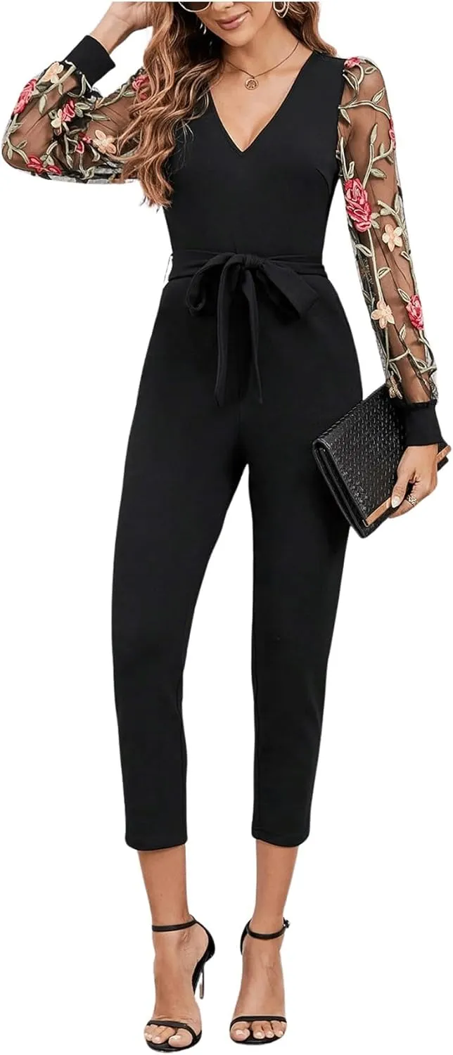 WDIRARA Women's Floral Embroidery Jumpsuit Mesh V Neck Bishop Sleeve High Waist Crop Belted Romper Pants