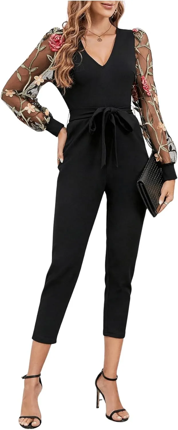 WDIRARA Women's Floral Embroidery Jumpsuit Mesh V Neck Bishop Sleeve High Waist Crop Belted Romper Pants