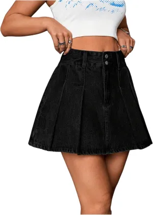 WDIRARA Women's High Waist Button Pleated Hem Skater A Line Streetwear Mini Denim Skirt