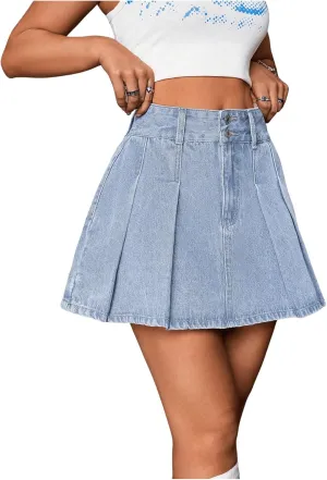 WDIRARA Women's High Waist Button Pleated Hem Skater A Line Streetwear Mini Denim Skirt