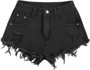 WDIRARA Women's High Waist Ripped Raw Hem Stretchy Denim Shorts with Pockets