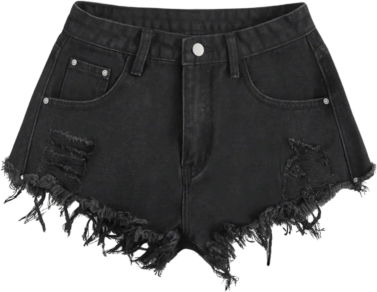 WDIRARA Women's High Waist Ripped Raw Hem Stretchy Denim Shorts with Pockets
