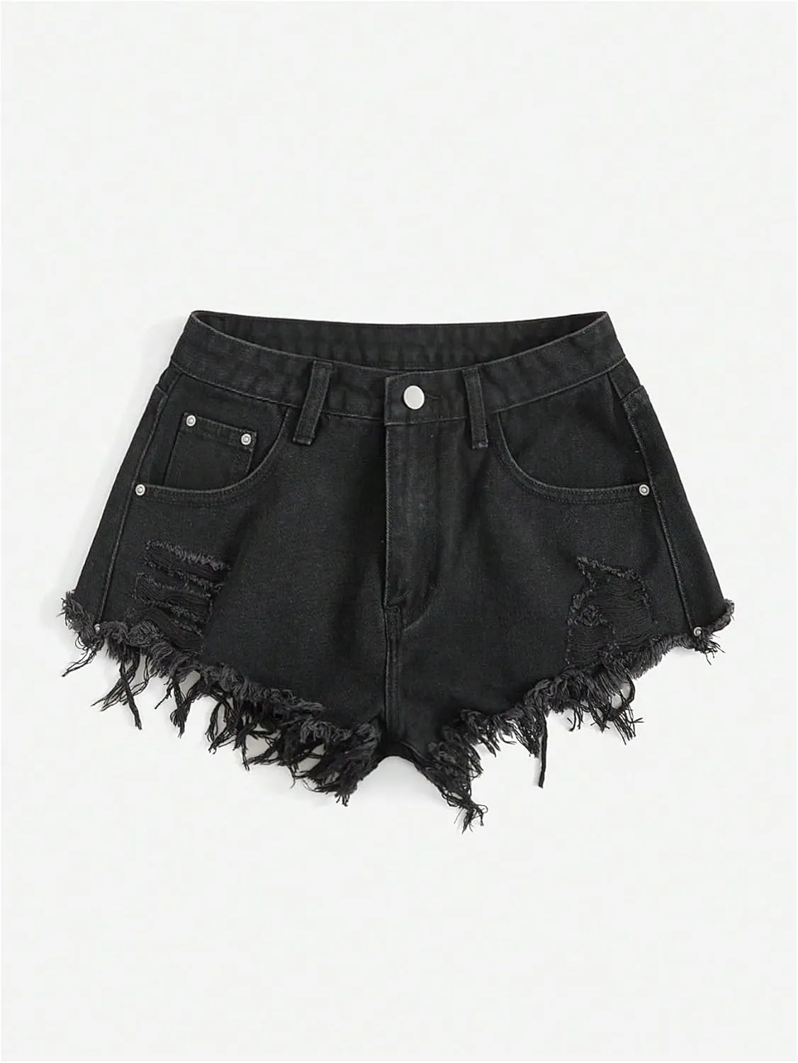 WDIRARA Women's High Waist Ripped Raw Hem Stretchy Denim Shorts with Pockets