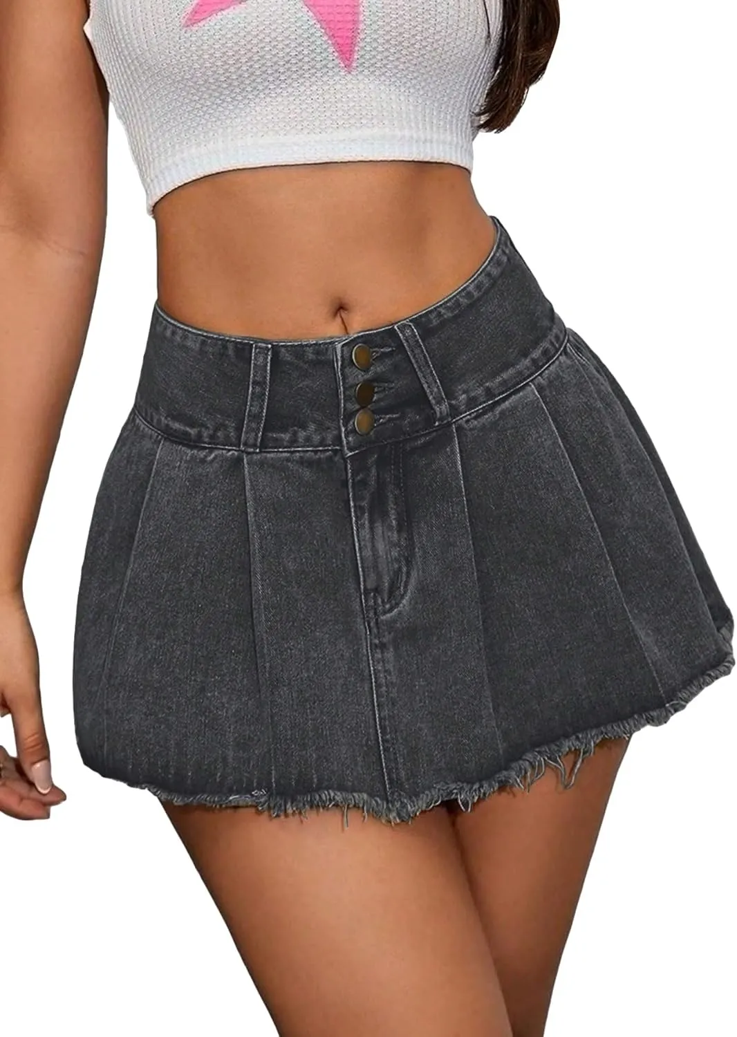 WDIRARA Women's Low Waist Button Pleated Hem A Line Raw Hem Mini Denim Skirt