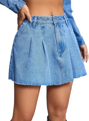 WDIRARA Women's Low Waist Button Pleated Skater Raw Hem Mini Denim Skirt