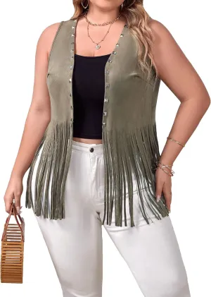 WDIRARA Women's Plus Size Fringe Trim Studded Detail Open Front V Neck Suede Boho Vest Jacket