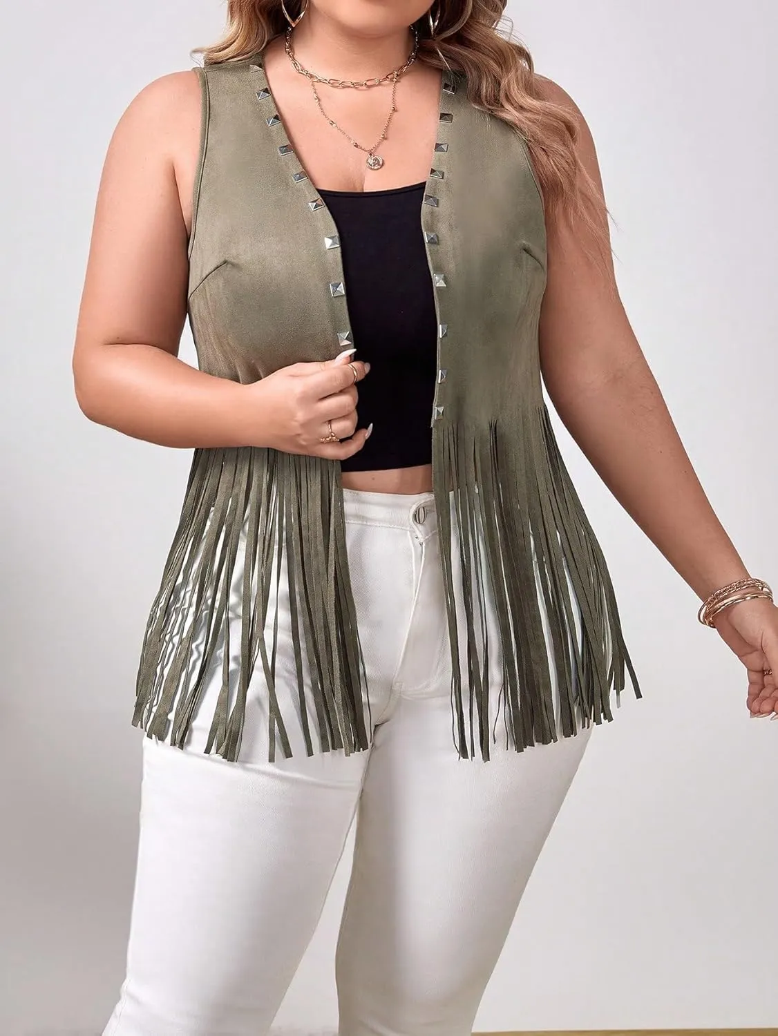 WDIRARA Women's Plus Size Fringe Trim Studded Detail Open Front V Neck Suede Boho Vest Jacket