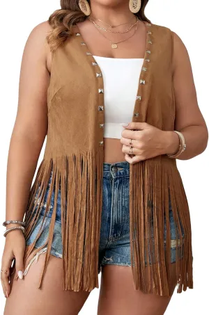 WDIRARA Women's Plus Size Fringe Trim Studded Detail Open Front V Neck Suede Boho Vest Jacket