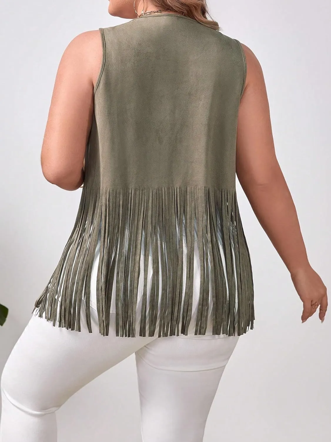 WDIRARA Women's Plus Size Fringe Trim Studded Detail Open Front V Neck Suede Boho Vest Jacket