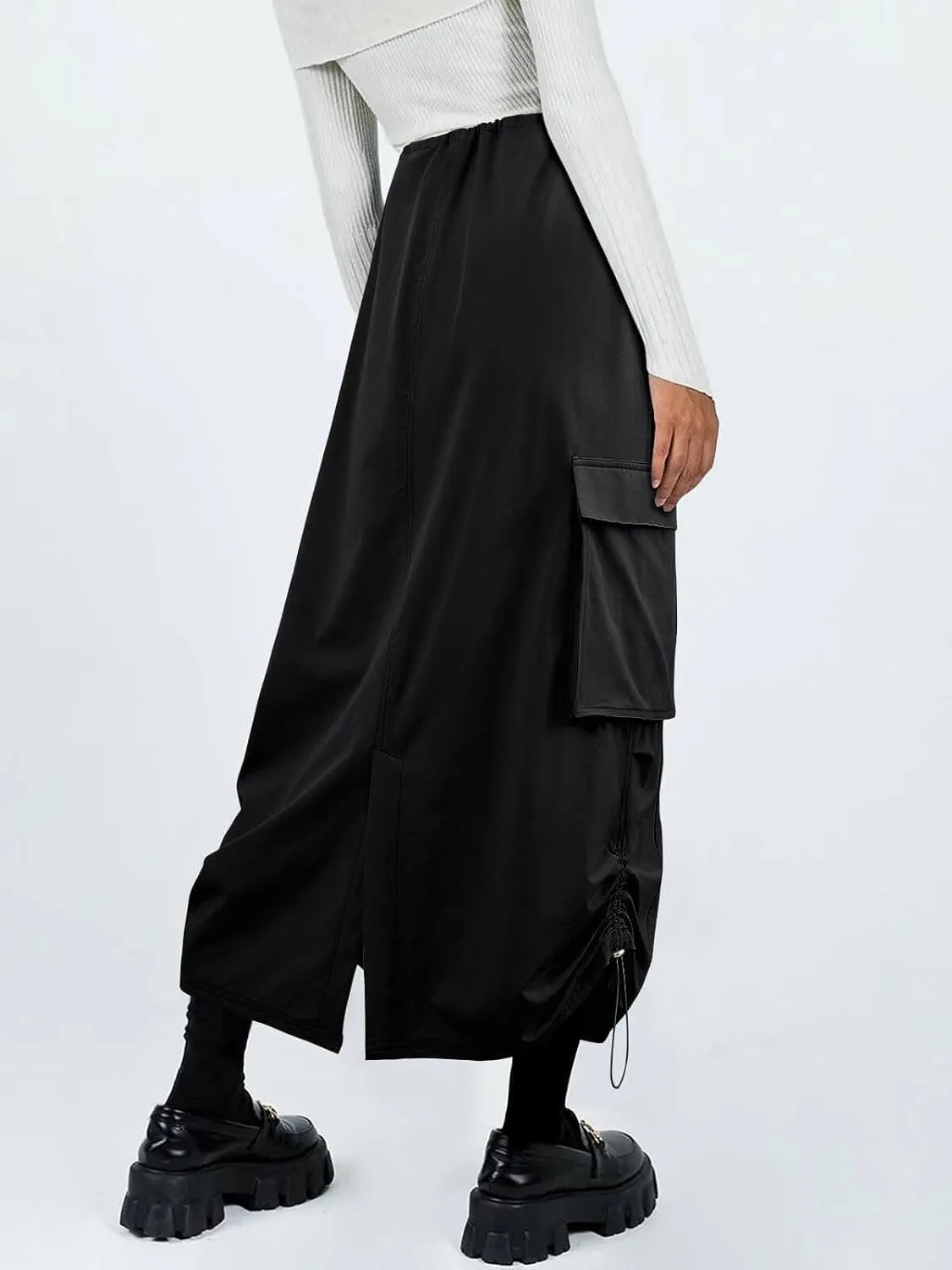 Wenrine Womens Cargo Skirt Y2k Drawstring High Waist Long Midi Skirts with Pockets Streetwear