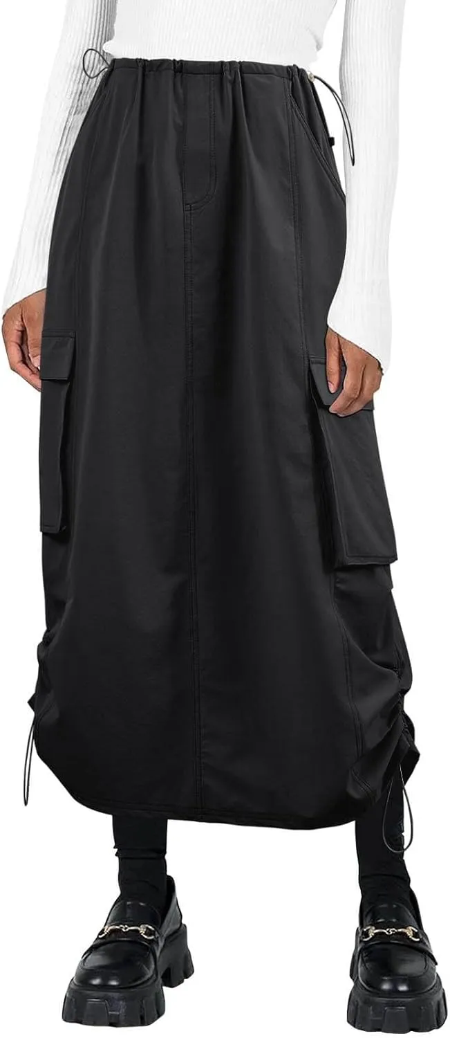 Wenrine Womens Cargo Skirt Y2k Drawstring High Waist Long Midi Skirts with Pockets Streetwear