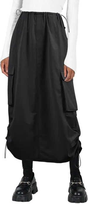 Wenrine Womens Cargo Skirt Y2k Drawstring High Waist Long Midi Skirts with Pockets Streetwear