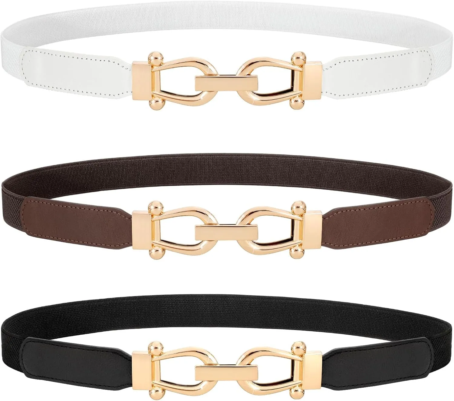 WERFORU 3 Pack Women Skinny Elastic Waist Belt Gold Buckle Stretchy Thin Belt for Jeans Dress