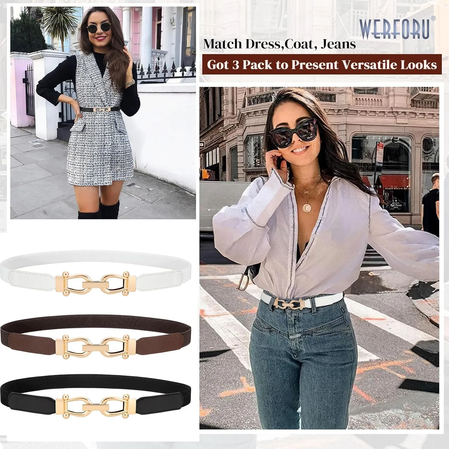 WERFORU 3 Pack Women Skinny Elastic Waist Belt Gold Buckle Stretchy Thin Belt for Jeans Dress