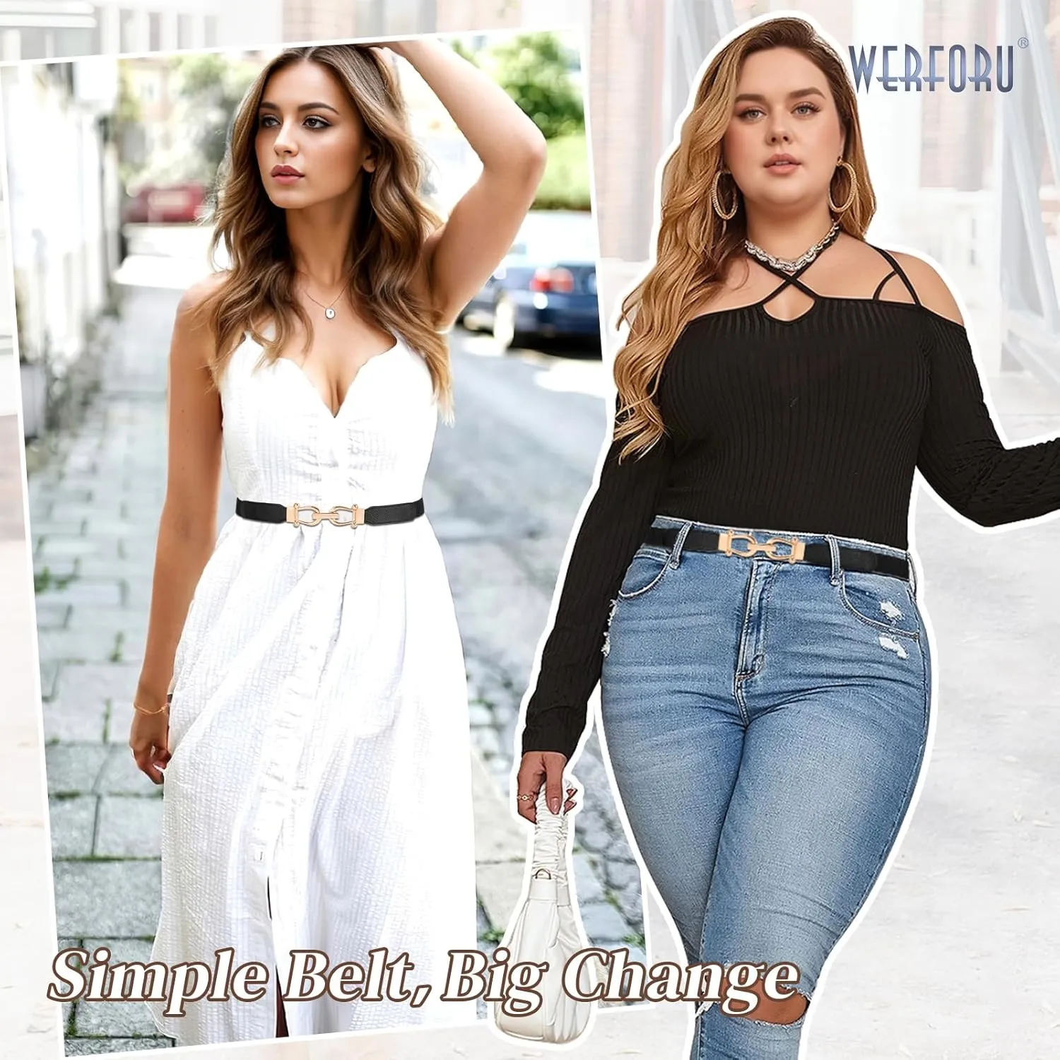 WERFORU 3 Pack Women Skinny Elastic Waist Belt Gold Buckle Stretchy Thin Belt for Jeans Dress