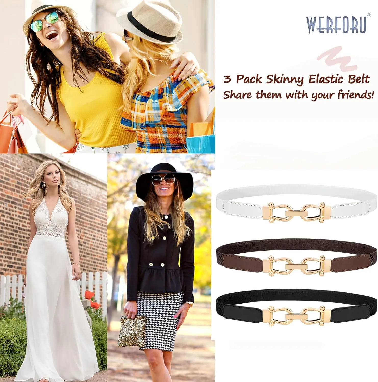 WERFORU 3 Pack Women Skinny Elastic Waist Belt Gold Buckle Stretchy Thin Belt for Jeans Dress