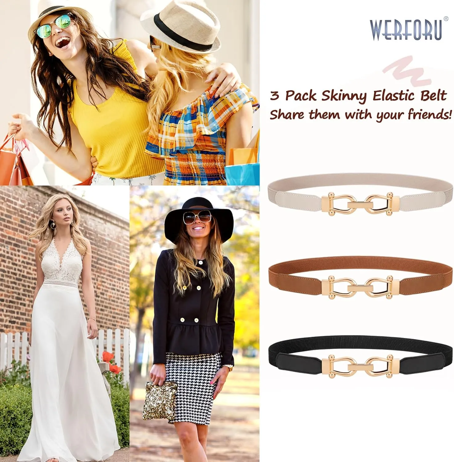 WERFORU 3 Pack Women Skinny Elastic Waist Belt Gold Buckle Stretchy Thin Belt for Jeans Dress