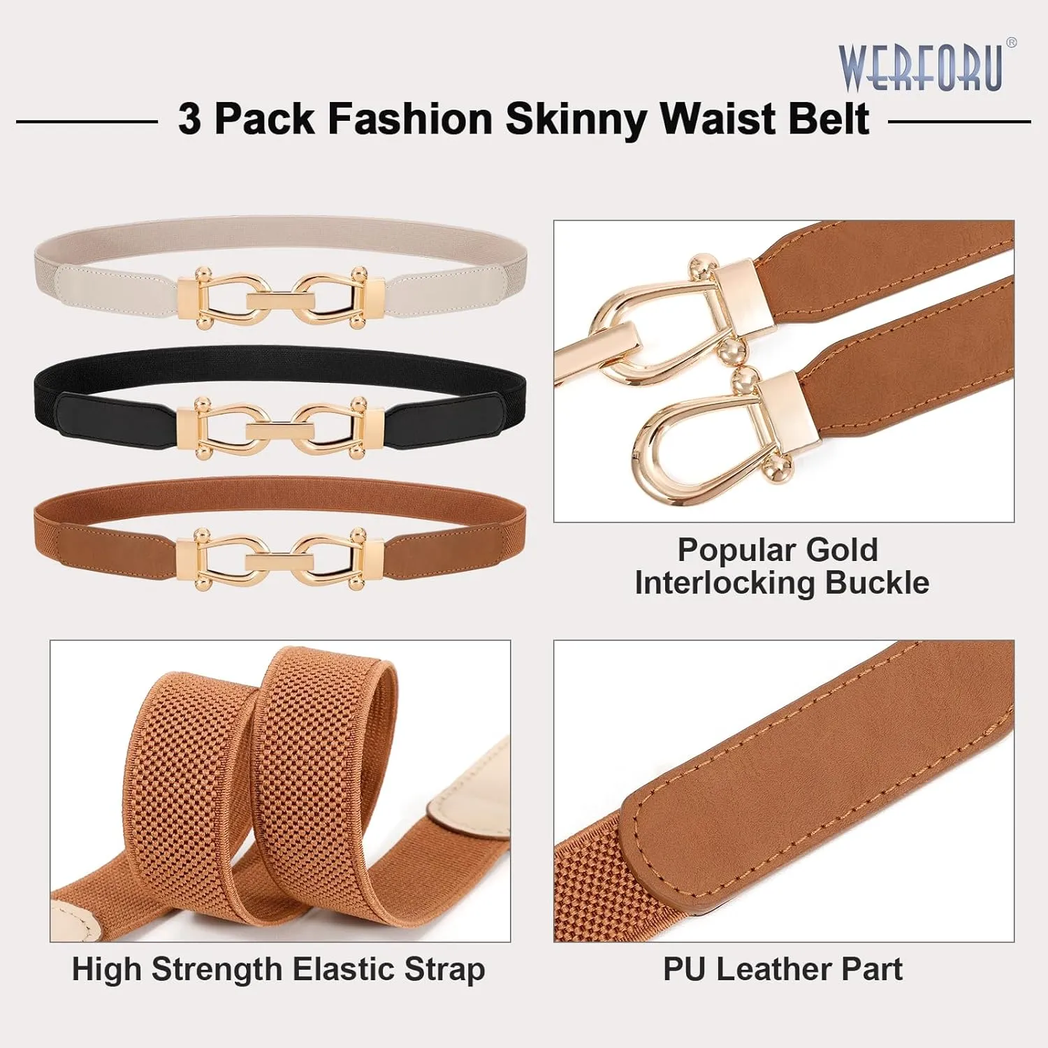 WERFORU 3 Pack Women Skinny Elastic Waist Belt Gold Buckle Stretchy Thin Belt for Jeans Dress