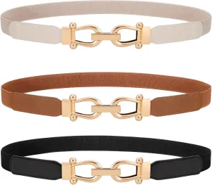 WERFORU 3 Pack Women Skinny Elastic Waist Belt Gold Buckle Stretchy Thin Belt for Jeans Dress