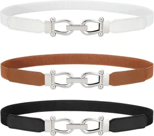 WERFORU 3 Pack Women Skinny Elastic Waist Belt Gold Buckle Stretchy Thin Belt for Jeans Dress