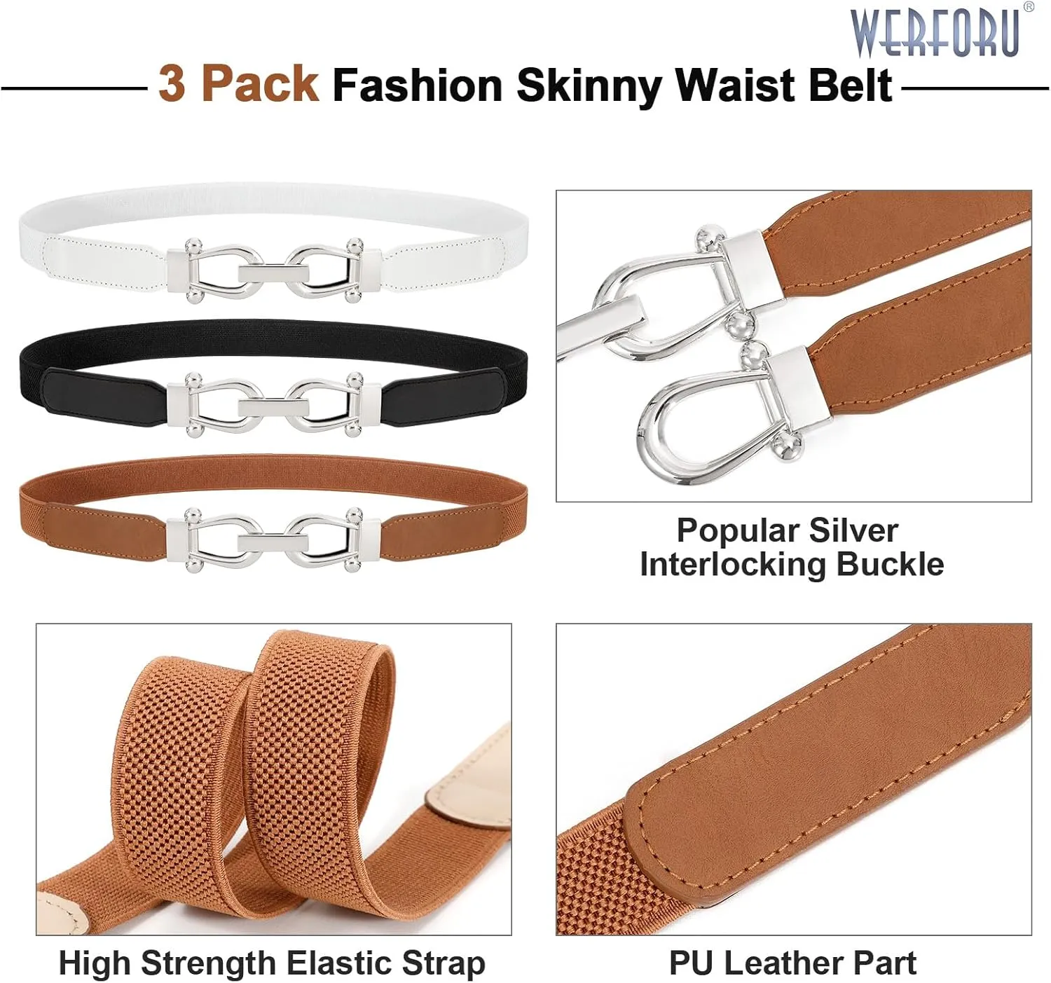 WERFORU 3 Pack Women Skinny Elastic Waist Belt Gold Buckle Stretchy Thin Belt for Jeans Dress