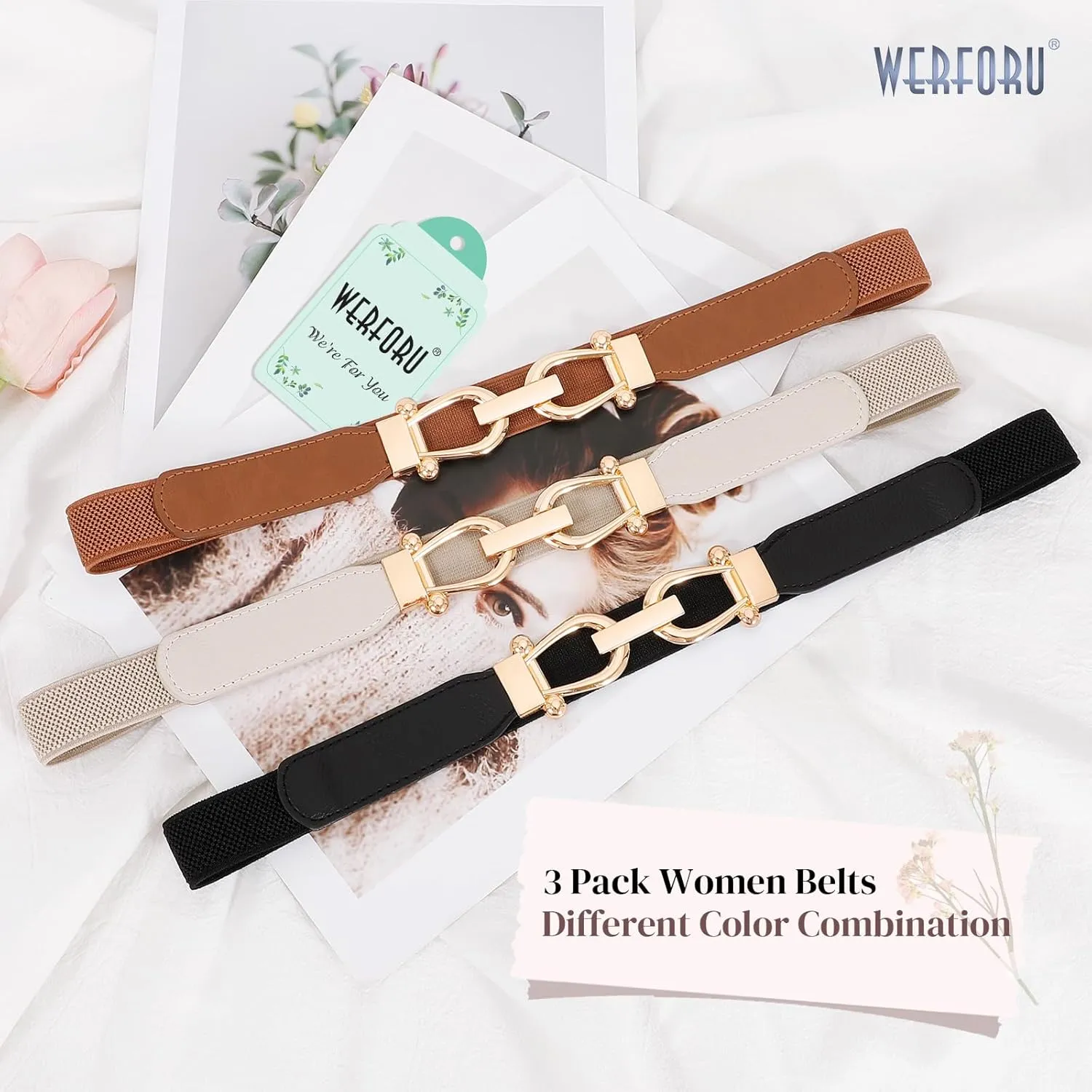 WERFORU 3 Pack Women Skinny Elastic Waist Belt Gold Buckle Stretchy Thin Belt for Jeans Dress