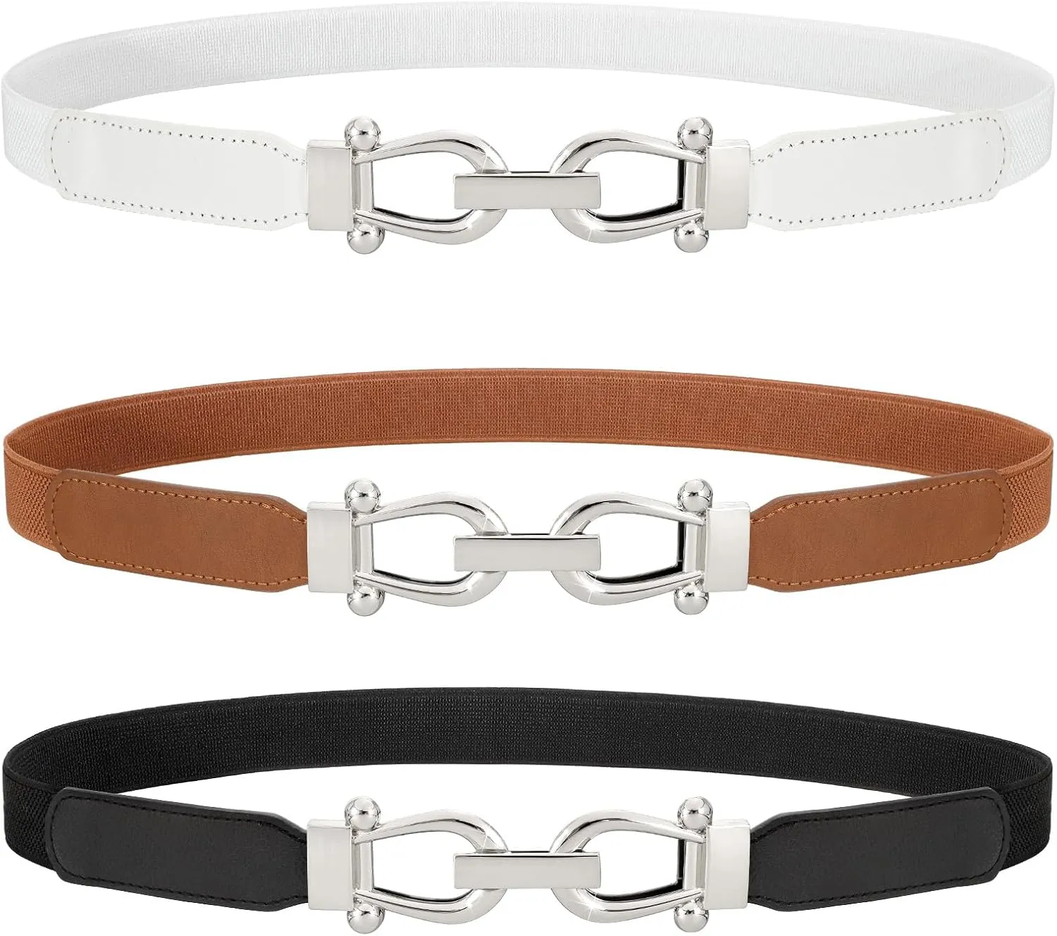 WERFORU 3 Pack Women Skinny Elastic Waist Belt Gold Buckle Stretchy Thin Belt for Jeans Dress
