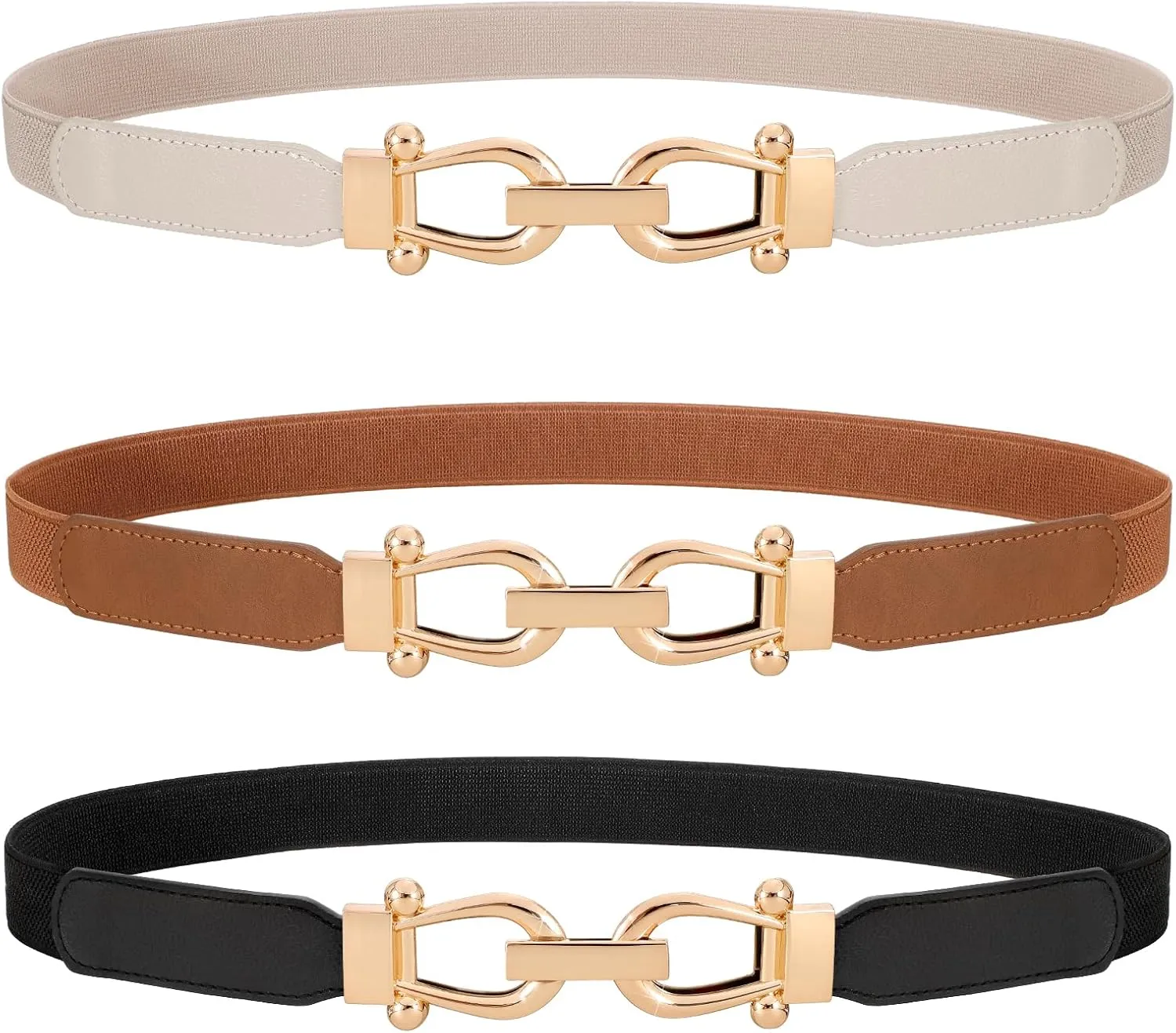 WERFORU 3 Pack Women Skinny Elastic Waist Belt Gold Buckle Stretchy Thin Belt for Jeans Dress
