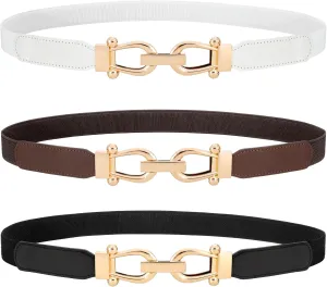 WERFORU 3 Pack Women Skinny Elastic Waist Belt Gold Buckle Stretchy Thin Belt for Jeans Dress