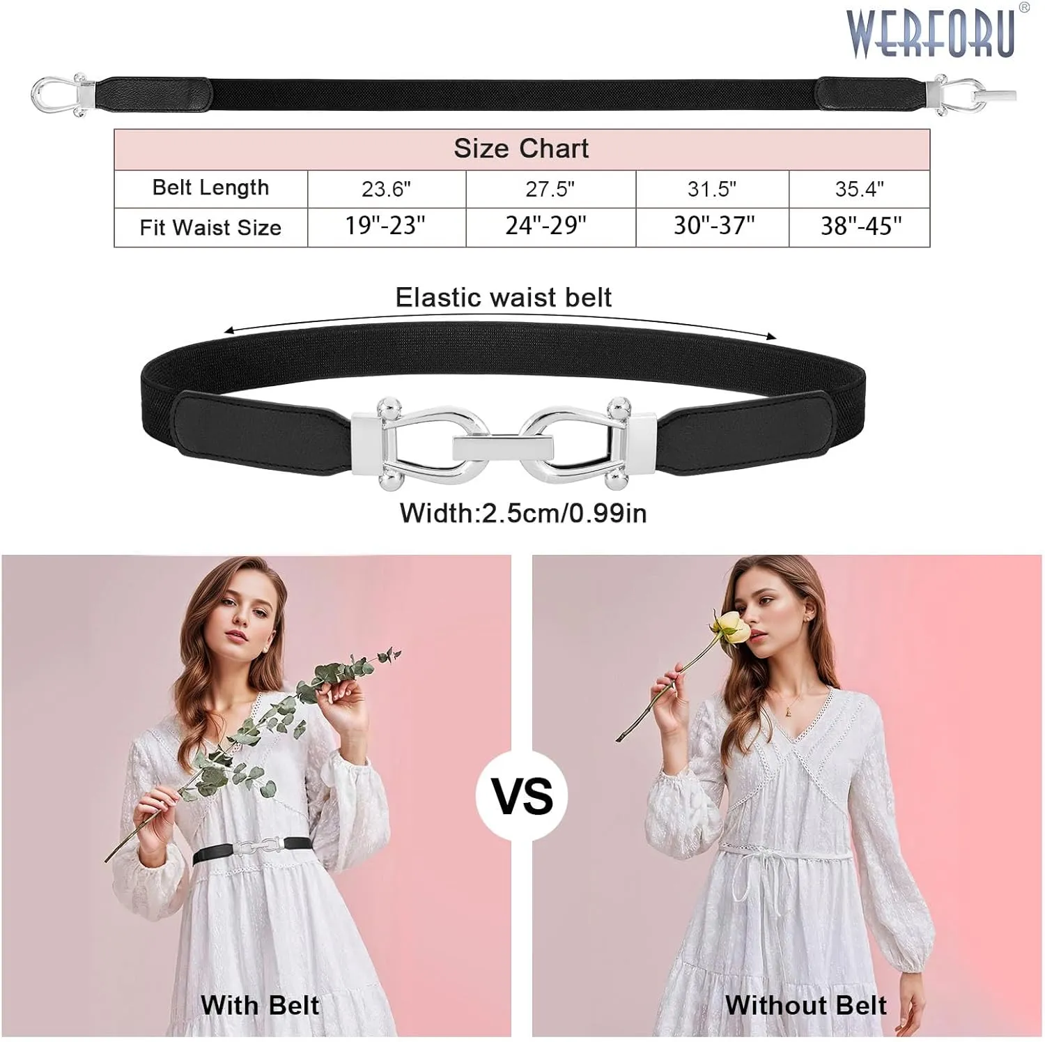 WERFORU 3 Pack Women Skinny Elastic Waist Belt Gold Buckle Stretchy Thin Belt for Jeans Dress
