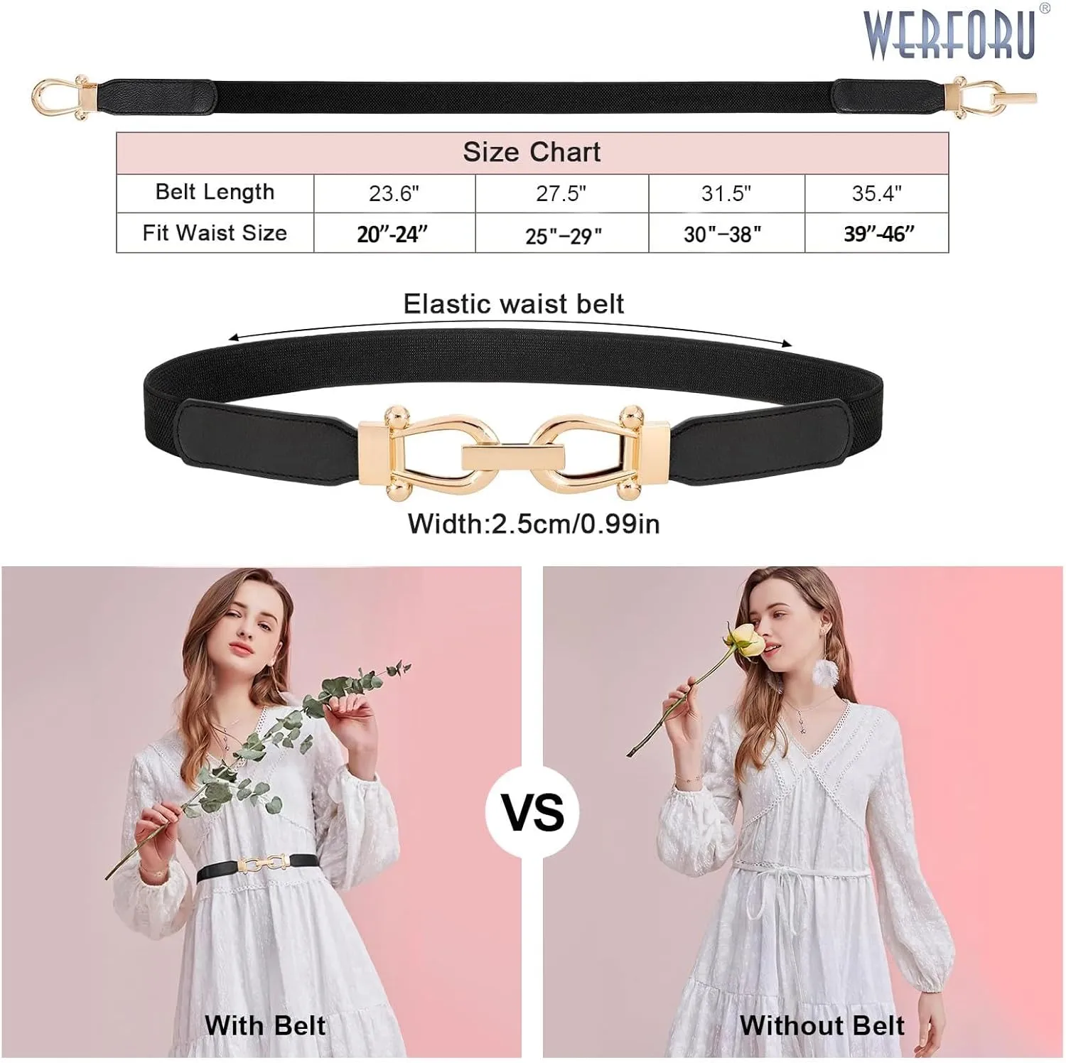 WERFORU 3 Pack Women Skinny Elastic Waist Belt Gold Buckle Stretchy Thin Belt for Jeans Dress