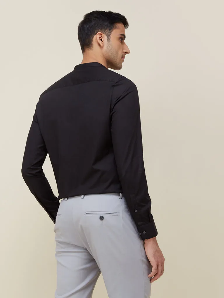 WES Formals Black Ultra Slim Fit Band Neck Cotton-Blend Shirt
