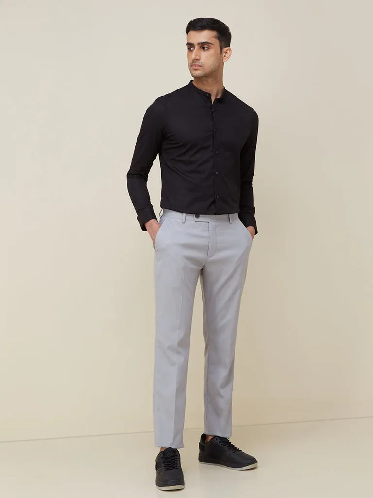 WES Formals Black Ultra Slim Fit Band Neck Cotton-Blend Shirt