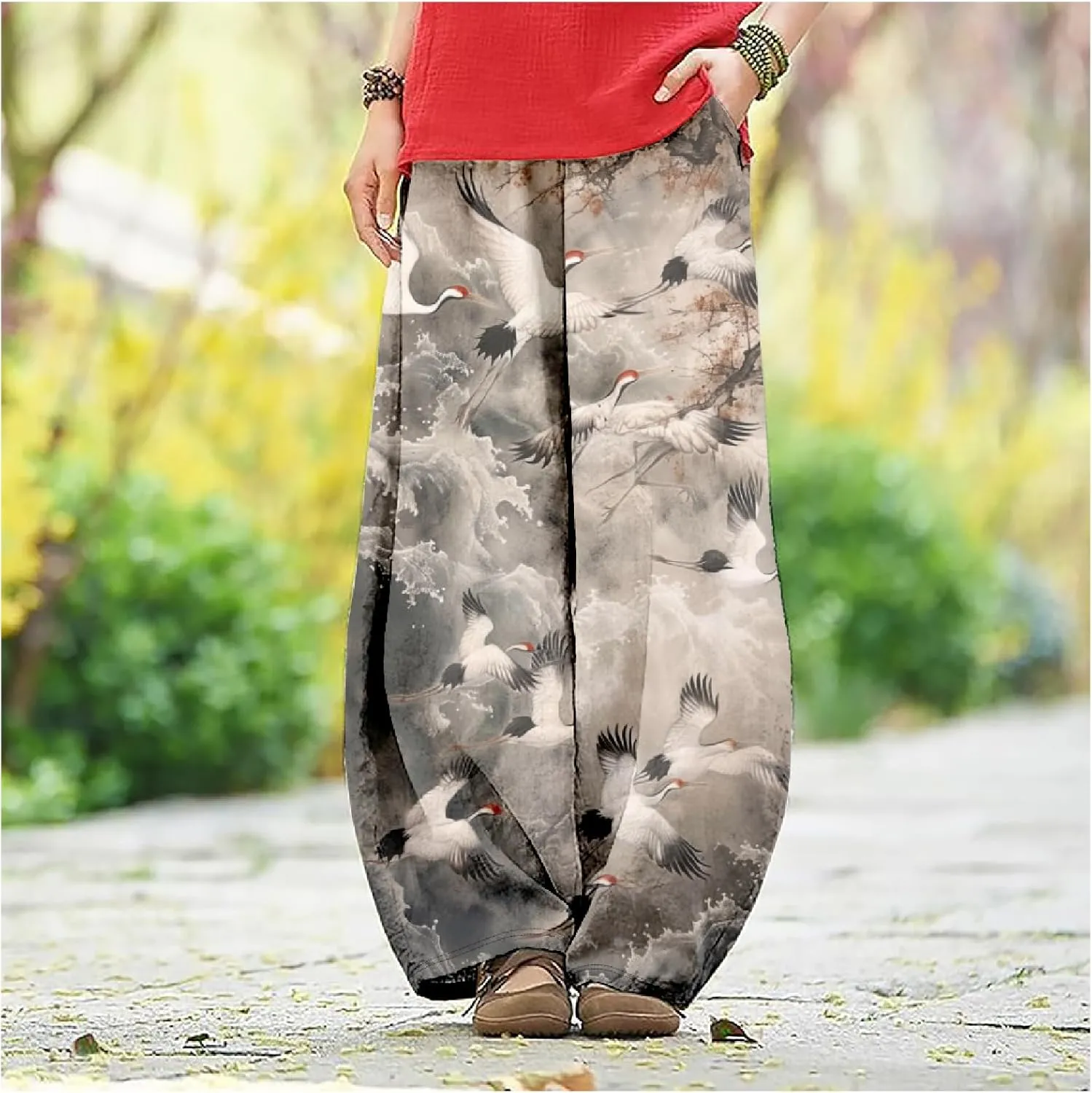 Wide Leg Pants for Women Boho Floral Printed Elastic Waist Baggy Trousers Loose Fit Lounge Pants with Pockets
