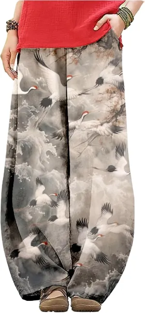 Wide Leg Pants for Women Boho Floral Printed Elastic Waist Baggy Trousers Loose Fit Lounge Pants with Pockets