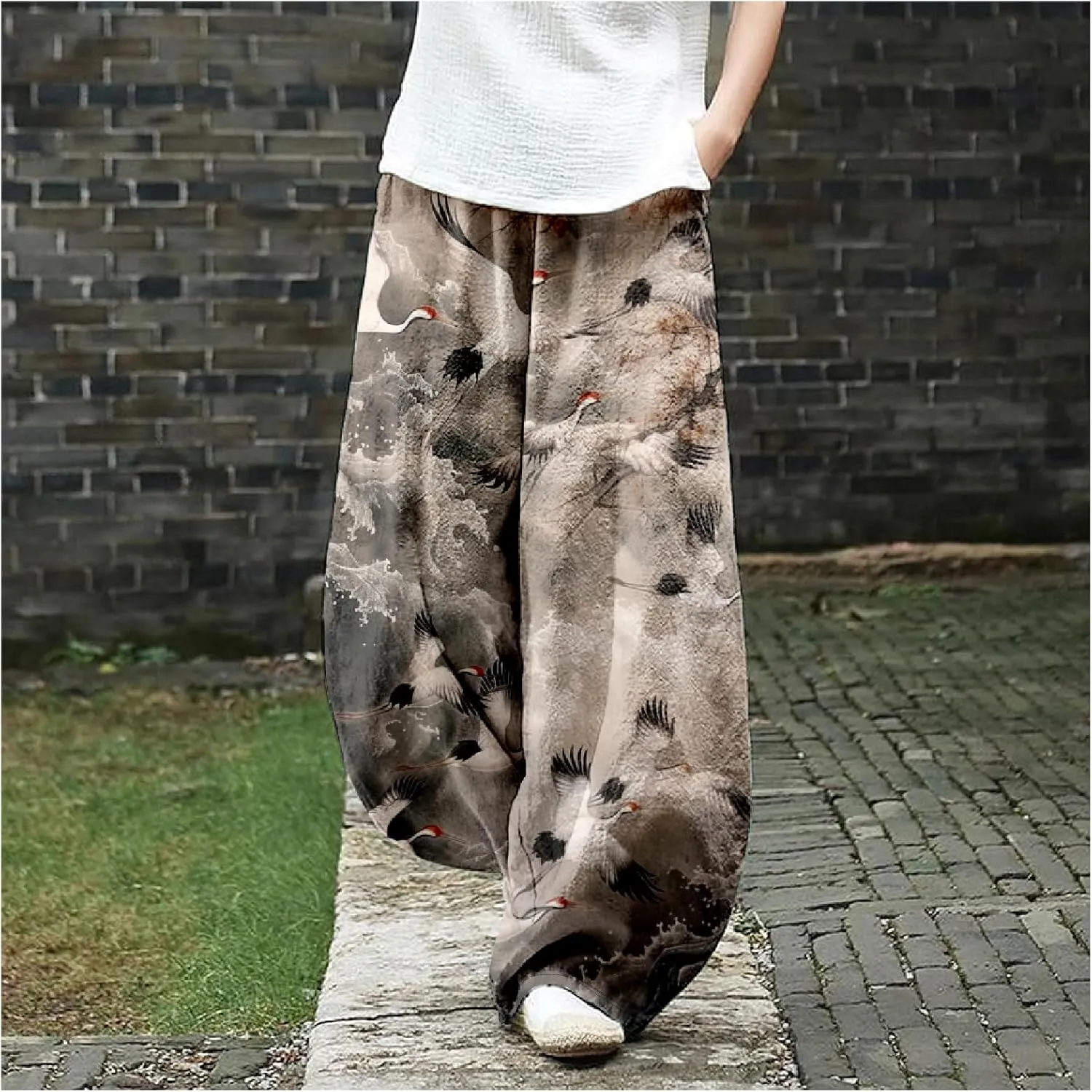 Wide Leg Pants for Women Boho Floral Printed Elastic Waist Baggy Trousers Loose Fit Lounge Pants with Pockets