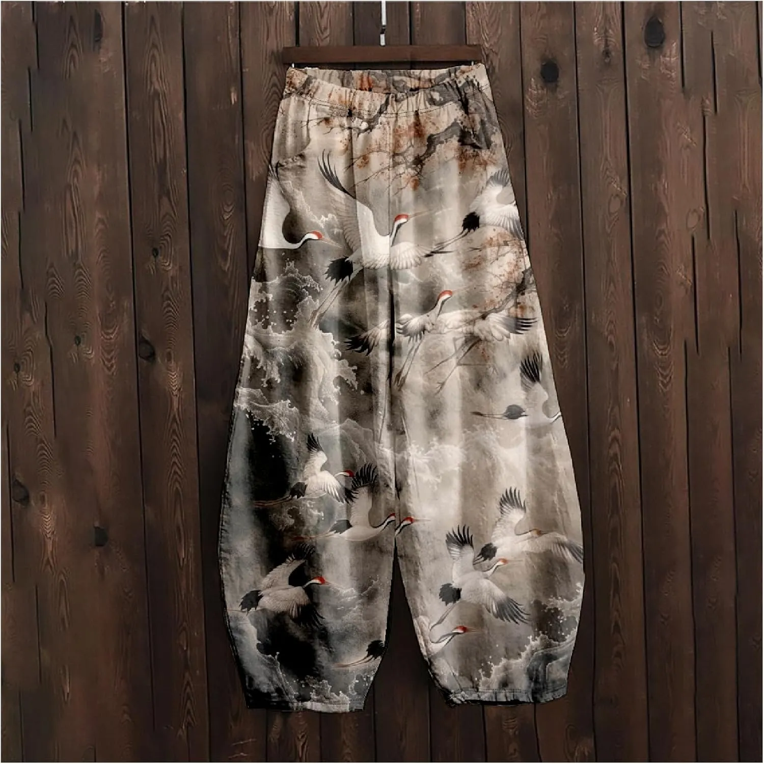 Wide Leg Pants for Women Boho Floral Printed Elastic Waist Baggy Trousers Loose Fit Lounge Pants with Pockets