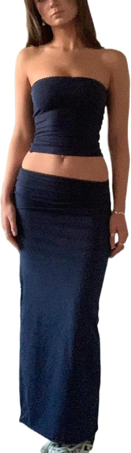 Women 2 Piece Maxi Skirt Set Strapless Lace Tank Tops Tie Up High Waist Bodycon Long Skirt Y2K 2Pcs Outfits Suits