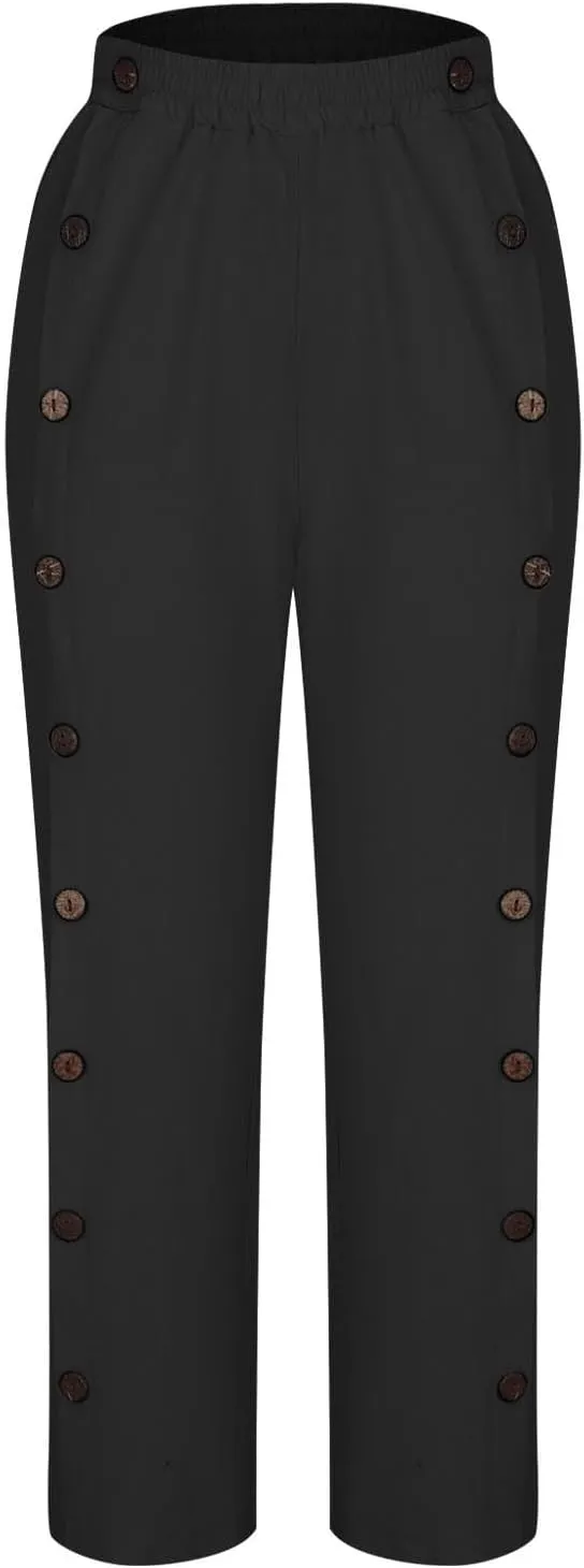 Women 2025 Summer Cotton Linen Pants High Waisted Wide Leg Trousers Trendy Side Button Elastic Waist Pants