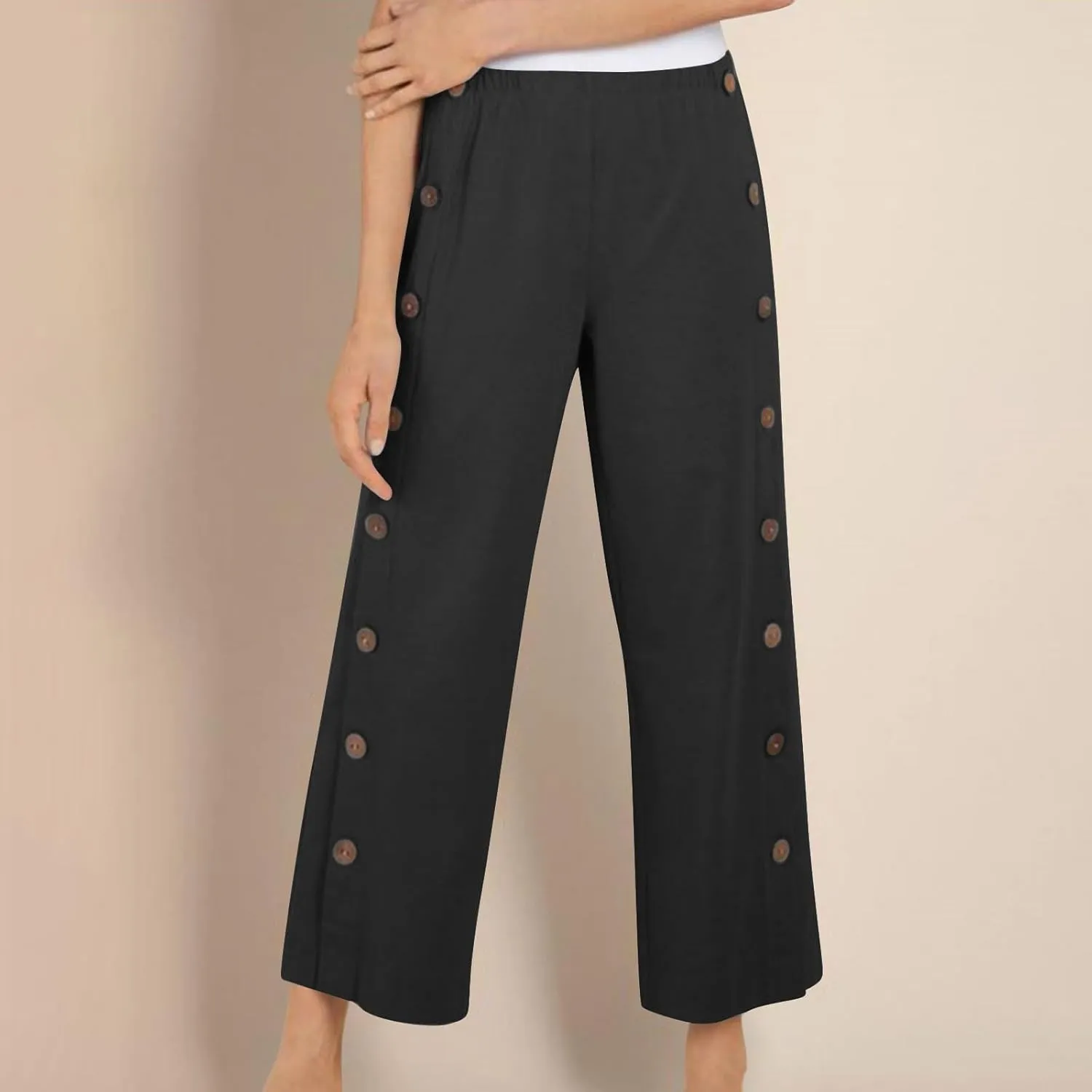 Women 2025 Summer Cotton Linen Pants High Waisted Wide Leg Trousers Trendy Side Button Elastic Waist Pants
