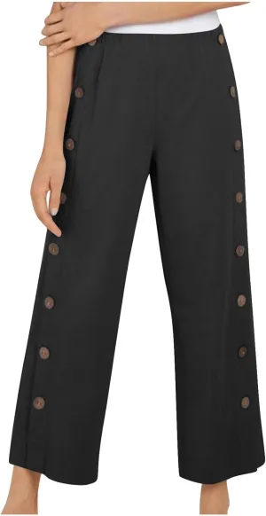 Women 2025 Summer Cotton Linen Pants High Waisted Wide Leg Trousers Trendy Side Button Elastic Waist Pants