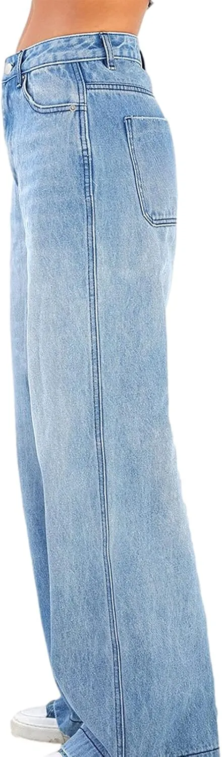 Women Baggy Jeans Y2K High Waist Straight Pants Vintage Wide Leg Denim Trousers Streetwear