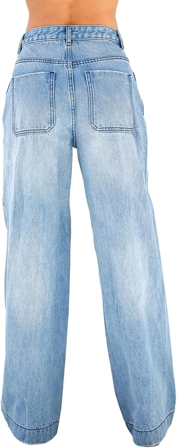 Women Baggy Jeans Y2K High Waist Straight Pants Vintage Wide Leg Denim Trousers Streetwear